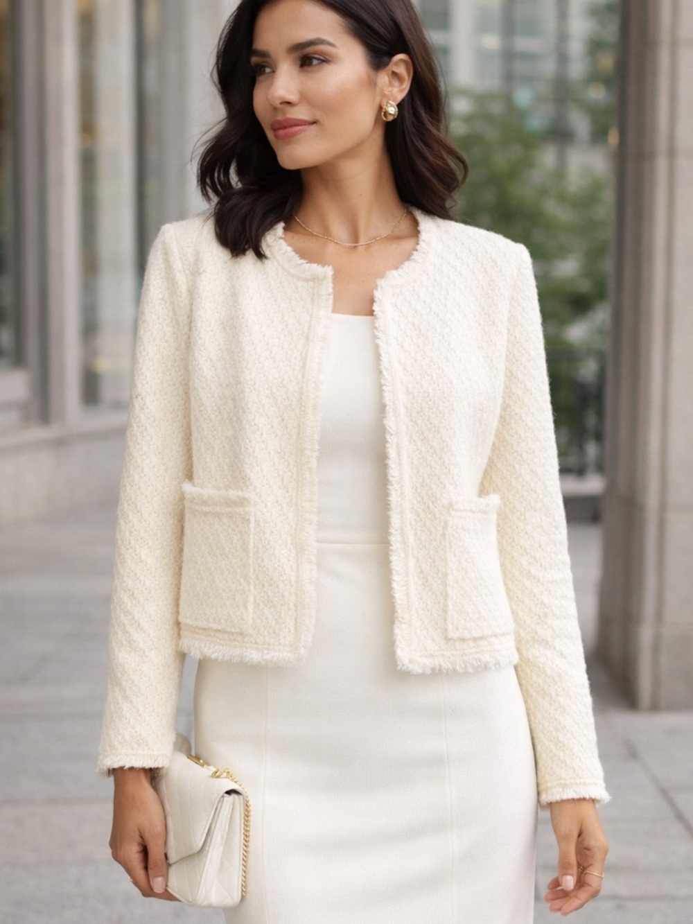 H&M Divided Tweed Cardigan Jacket Cream Boucle Frayed Edge Size Medium NWT